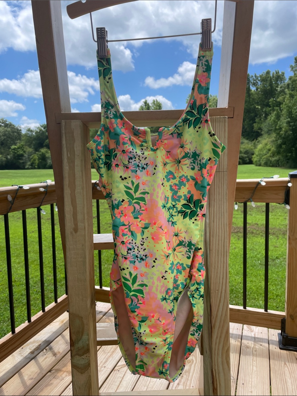Girls' Bright Floral One-Piece Swimsuit - Neon Pink & Green